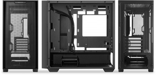 The centre image shows the cutouts that allow this chassis to support BTF motherboards.