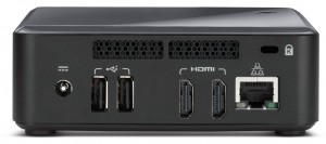 Rear photo of the i3 model showing 19V DC input socket, 2 x USB 2.0 ports, 2 x HDMI ports, Gigabit Ethernet and Kensington lock socket