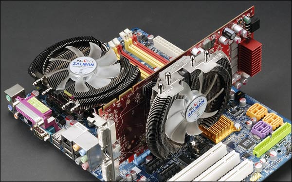 Image showing the VF2000 installed onto a motherboard and a graphics card