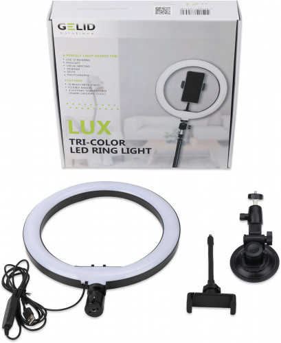 Package contents, Tri-Color Ring LED Light, Goose-neck Soft Tube Phone Holder, Suction Cup Stand and USB Cable
