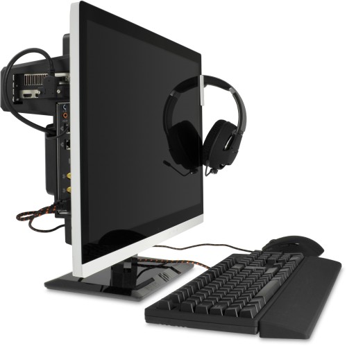 From the left side you can see the graphics card and motherboard ports. A headphone stand is included with the chassis (other components are not).