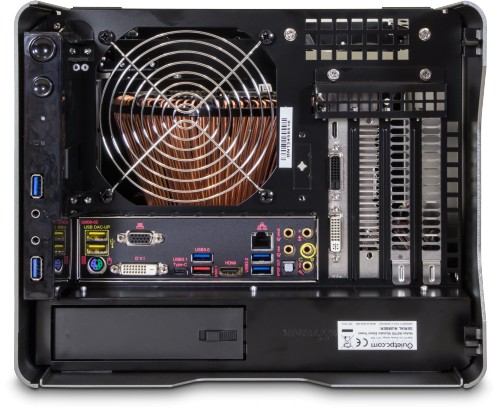 With top removed showing motherboard ports and fitted with optional graphics card